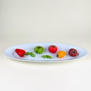 Pode incluir: Uma travessa de servir longa, branca e de formato oval, apresentando uma seleção de produtos frescos, incluindo um pimentão vermelho, um tomate verde, um tomate vermelho redondo, um tomate cereja amarelo e um tomate vermelho escuro.