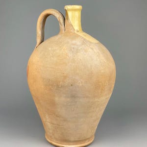 Large Antique French Pottery Cruche Water Jug – Early 20th Century Terracotta Vessel with Yellow Glazed Neck – 35cm Tall