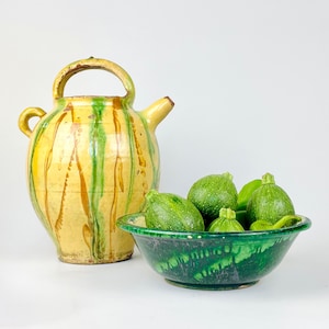 Antique French Terracotta Tian Bowl — 19th Century Green & Yellow Glazed — Provence Pottery — 26cm Wide