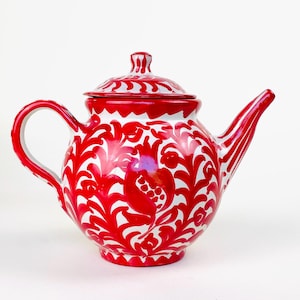 Spanische Fajalauza Keramik Rot Teekanne - Handbemalte Granatapfel Dekor Kaffeekanne - 20cm Groß