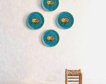 Vintage French decorative wall Plates – Hand Painted Wooden Wall art – Set of 4