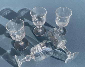 Antique French Aperitif Liquor Glasses Set of 5 – Circa 1900 Ribbed Bistro Stemware – Pressed Glass Barware – 10.5cm Tall