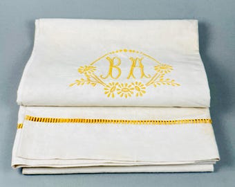 Sábana King de lino francés vintage con monograma amarillo bordado a mano, 2,90 x 2,20 m