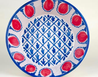 Large Spanish Fajalauza Lebrillo Bowl — Red & Blue Hand Painted Granada Pottery Platter— 30cm long