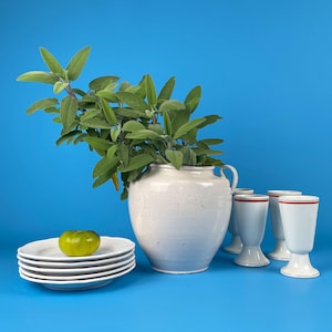 May include: A still life arrangement featuring a white ceramic vase with green foliage, a stack of white plates, a green tomato, and white goblets with red trim. The objects are set against a bright blue background.