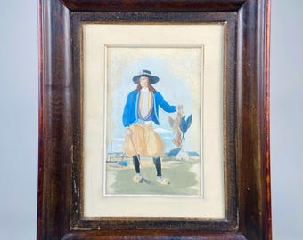 Antique French Watercolor Painting — Coastal Wall Art, Folk Art — Early 20th Century