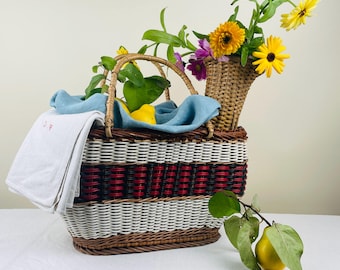 Vintage French Wicker Market Basket – Large Rattan Tote Basket – 42 cm