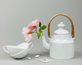 Vintage French White Porcelain Teapot – Bamboo Handle Asian-Inspired Tea Pot  – 21cm Tall
