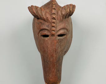 Vintage African Animal Head Mask – Hand-Carved Wooden Ceremonial Mask – 39cm Tall Tribal Wall Decor