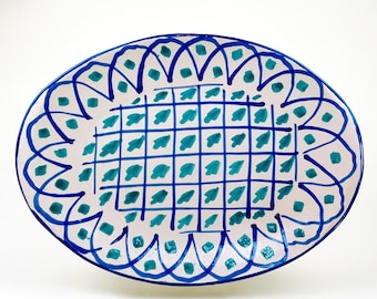 Large Spanish Fajalauza Serving Platter — Green & Blue Hand Painted Ceramic Oval Platter