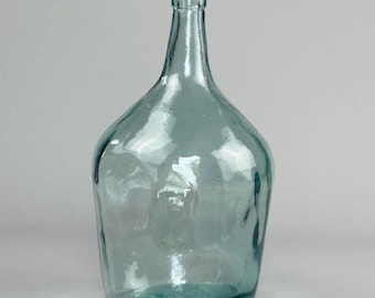 Vintage French Blue Glass Bottle – Handblown Demijohn Style Vase with Pontil Mark – Early 20th century – 27 cm Tall