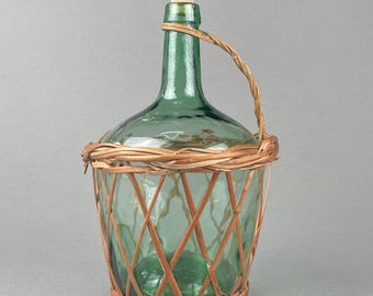 Vintage French Demijohn Bottle – Green Glass Carboy in Wicker Basket with Handle – 30cm Tall