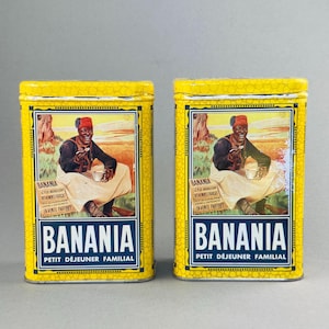 Par original de latas de propaganda francesas Banania da década de 1950 – Caixas de armazenamento de café e patês em lata amarela vintage