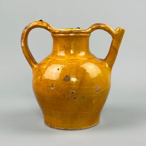 Antique French Gargoulette Pottery Water Jug – Yellow-Glazed Terracotta Pitcher – Rustic Farmhouse 19th Century Pottery – 22 cm Tall