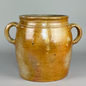 Antique French Glazed Terracotta Jar – Two-Handle Storage Pot – Rustic Farmhouse Kitchen Decor – 23 cm Tall