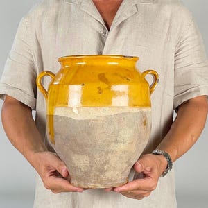 Antico vaso francese in terracotta per confit – Vaso in ceramica smaltata gialla del XIX secolo – Altezza 26,6 cm