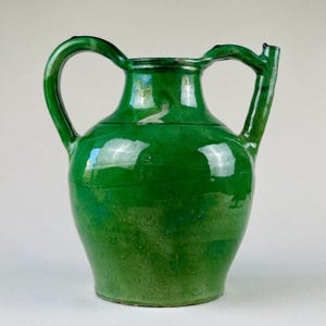 Antique French Green Terracotta Jug – Gargolette Large Pottery Water Vessel – 19th Century Southwest France – 29cm Tall