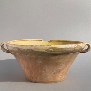 Large Antique French Tian Bowl – Yellow Glazed Terracota with Handles – Late 19th Century – 40 cm Wide