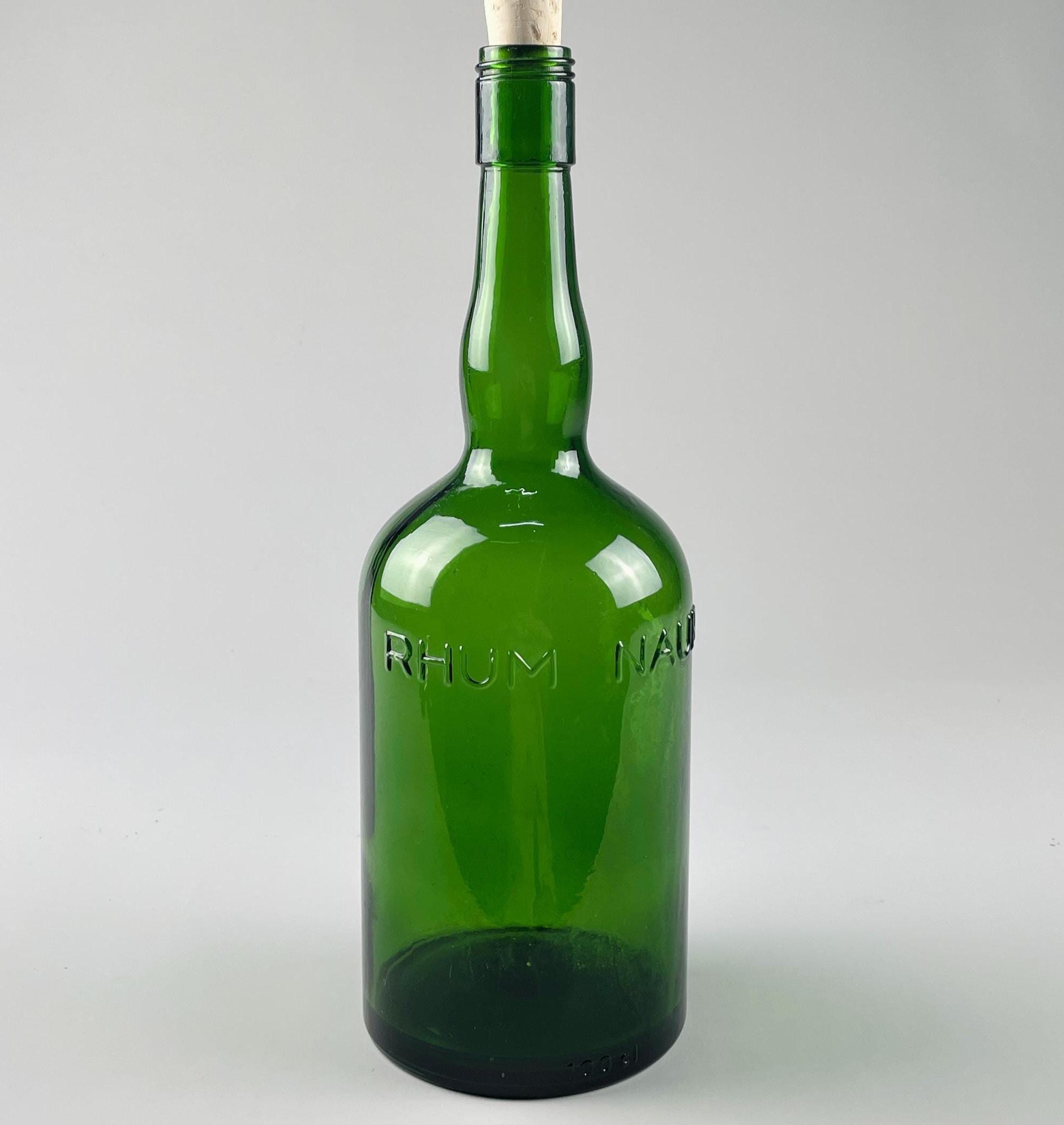 Vintage Green Glass French Bottle – 1950s RHUM NAURA Rum Bottle – French Caribbean Barware – 30cm Tall