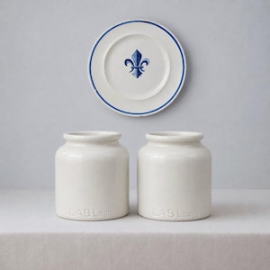 Coppia di barattoli di senape in ceramica francese vintage – Vaso decorativo in gres color crema – Altezza 12 cm
