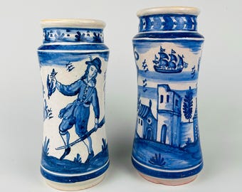 Antique Apothecary Jars Albarello Pair – Large 19th Century Spanish Hand Painted Decorative Vase