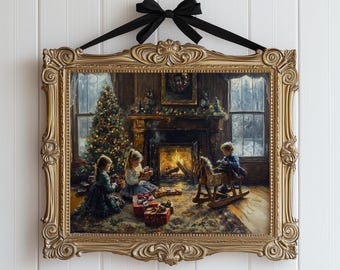 Cozy Victorian Christmas Nursery Painting - Holiday Wall Art, Vintage Christmas Scene, Festive Fireplace Decor, Printable Holiday Print 167