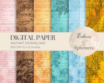 May include: A digital paper pack with eight different vintage-style patterns. The patterns include a light pink background with black text, a light blue background with black text, a yellow background with black text, a light blue background with black text, a light blue background with black text, a yellow background with black text, a light blue background with black text, and a yellow background with black text. The pack is titled "Digital Paper" and "Echoes & Ephemera".