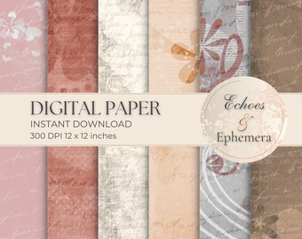 Love Letters Digital Paper Pack – Vintage Calligraphy Heart Accents Blush & Brown Textured Backgrounds for Junk Journals Scrapbooking- JJ003