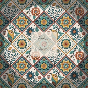 May include: A seamless pattern of colorful floral tiles in shades of blue, yellow, orange, and red. The tiles are arranged in a diamond pattern and feature intricate floral designs. The text "Echoes & Ephemera" is centered in the image.