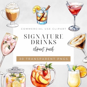 Pacchetto Clipart di bevande esclusive - 30 disegni di cocktail in stile schizzo in formato PNG - Bevande per menu di bar per matrimoni per sublimazione e artigianato - CP012