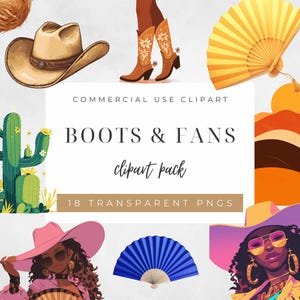 Pacchetto di clipart di cowgirl afroamericane - PNG occidentali - Stivali, cappelli, ventagli, cactus, montagne, licenza per uso commerciale - Stile vettoriale - CP009