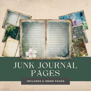 May include: A collection of junk journal pages with a vintage aesthetic. The pages feature lined paper with distressed edges and floral and butterfly designs. The text "JUNK JOURNAL PAGES" and "INCLUDES 6 INNER PAGES" are displayed.