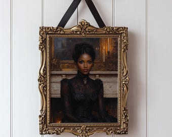 May include: A framed portrait of a woman in a black dress, hanging against a white wall. The ornate gold frame is suspended by a black ribbon tied in a bow. The text "ECHOES & EPHEMERA" is at the bottom of the frame.