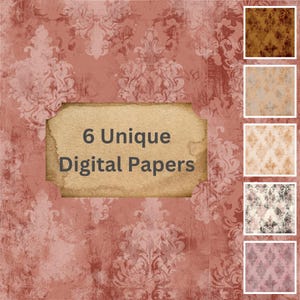 May include: Six unique digital papers with a vintage damask pattern in shades of pink, brown, and beige. The papers are displayed on a pink background with a brown and beige damask pattern. The text "6 Unique Digital Papers" is written on a brown paper label.