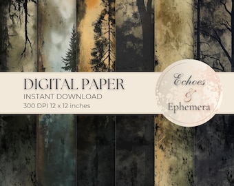 Dark Grungy Forest Digital Paper - Junk Journal Deep Distressed Printable Digital Scrapbook Pages -  Trees Nature Weathered Aged - JJ002