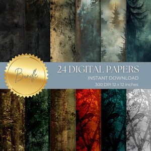 May include: A digital paper bundle with 24 forest-themed designs. The papers feature various shades of green, brown, and red, with a vintage, grunge aesthetic. The text "24 DIGITAL PAPERS" and "INSTANT DOWNLOAD" is displayed on a blue banner.