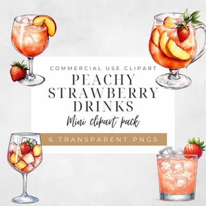 Set di clipart di cocktail di pesca e fragola - 6 PNG di bevande alla frutta acquerellate per feste estive, matrimoni, menu - Clipart commerciale CP013