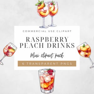 Set di clipart di cocktail alla pesca e lampone - 6 immagini PNG di bevande alla frutta acquerellate per feste estive, matrimoni, menu - Grafica commerciale per serate tra ragazze CP014