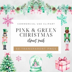 Clipart di Natale rosa e verde - Arte delle feste ad acquerello - Grafica PNG festiva - Regali di fiocchi di neve a forma di globo Download digitale per l'artigianato CP006