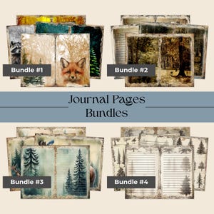May include: Four digital paper bundles for journaling, each with a different theme. Bundle #1 features a fox, Bundle #2 features a forest scene, Bundle #3 features a forest scene with a deer, and Bundle #4 features a forest scene with a bear.
