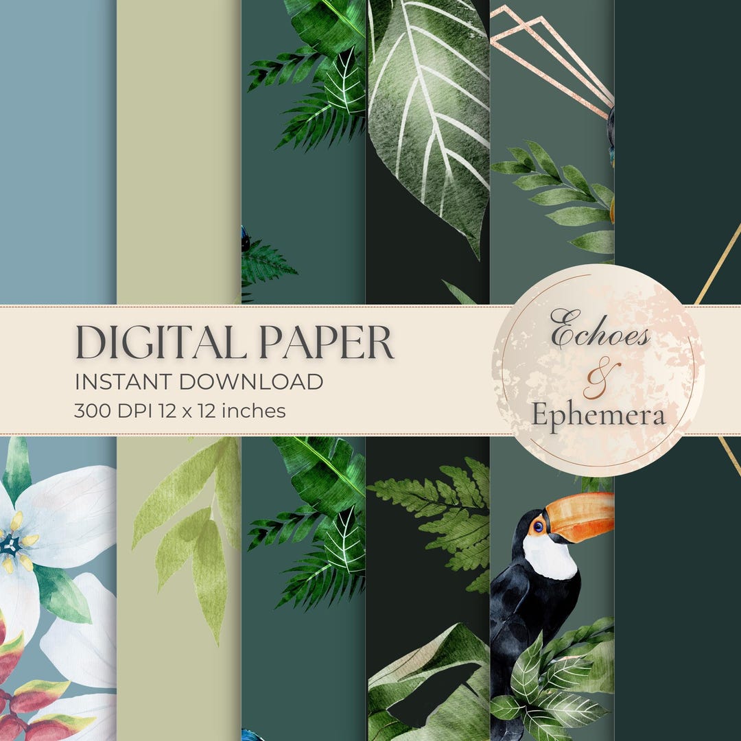 Rainforest Animal Digital Paper - Tropical Animals Green Blue Black ...