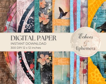 Quirky Bird Floral Digital Paper Pack – Gelli Print Mixed Media Newsprint Distressed Backgrounds for Junk Journals & Scrapbooking - JJ004
