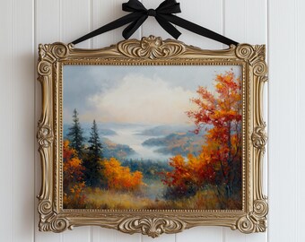 Betoverde herfst uitzicht op heuveltop - afdrukbare herfstlandschapskunst, vintage mistige bosscène, rustiek cottagecore-decor, digitale muurkunst 91