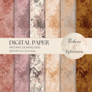 May include: Set of six digital papers with a distressed, textured background in shades of pink, brown, and beige. The papers feature a subtle damask pattern and are perfect for scrapbooking, card making, and other craft projects.  The text "Digital Paper" and "Instant Download" is displayed on a white banner.  The text "Echoes & Ephemera" is displayed in a circle.