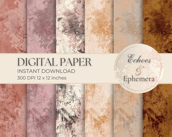 Victorian Damask Digital Paper Pack - Distressed Vintage Backgrounds in Cream Brown Pink Blush - Junk Journal Crafting Scrapbooking - JJ003