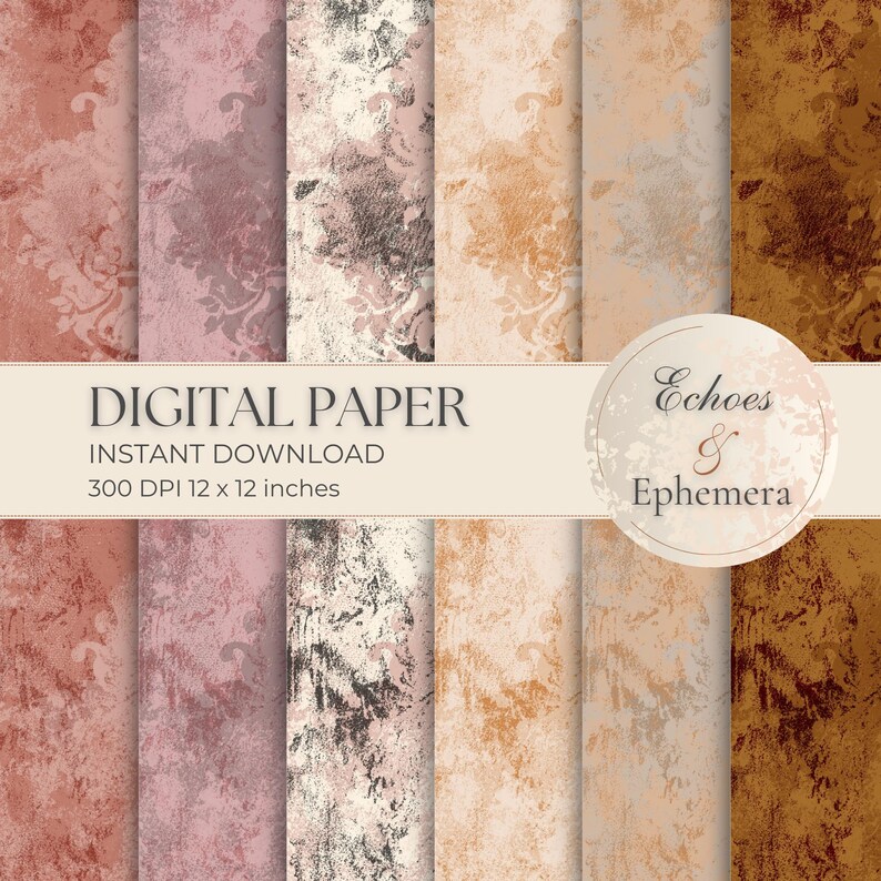 May include: Set of six digital papers with a distressed, textured background in shades of pink, brown, and beige. The papers feature a subtle damask pattern and are perfect for scrapbooking, card making, and other craft projects.  The text "Digital Paper" and "Instant Download" is displayed on a white banner.  The text "Echoes & Ephemera" is displayed in a circle.