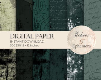Distressed Texture Digital Paper - Handwriting Green Blue Black Dark Cream Scrapbooking Pages - Junk Journal Kit - Printable Crafts - JJ001