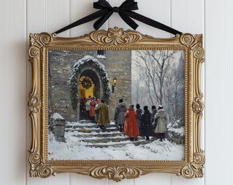 African American Victorian Christmas Church Scene - Vintage Winter Oil Painting Holiday Gathering, Snowy Church Steps Printable Wall Art 168