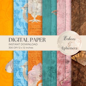 Schrullige Vögel Digital Paper Pack - Mixed Media Pink Map Collage Distressed Textures für Junk Journals Scrapbooking - JJ004