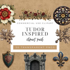 Set di clipart Tudor - Architettura medievale, araldica, illustrazioni vintage - Download digitale, riviste spazzatura, artigianato, licenza commerciale - CP008